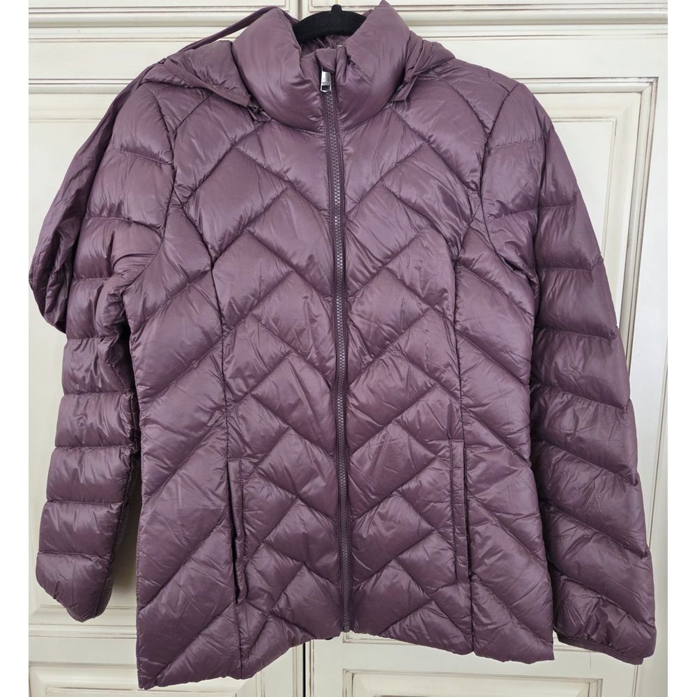 Women's London Fog Lightweight Packable Down Coat Hooded S Plum‎